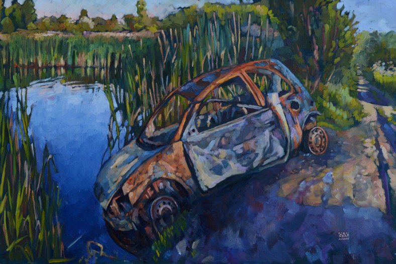 burnt out car childwall